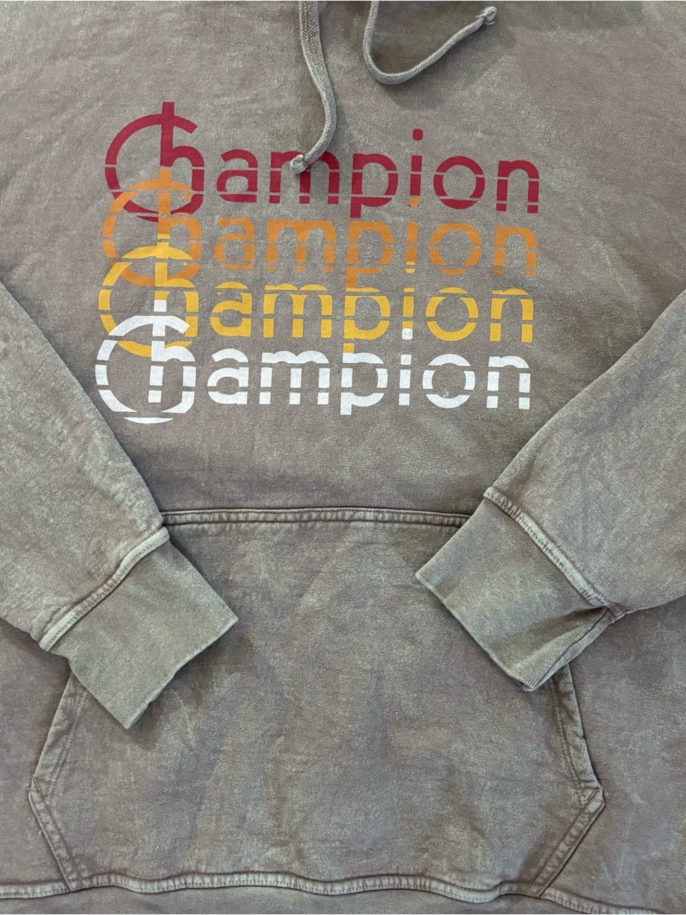 Champion Men's Beige/Tan Pullover Hoodie with Multicolor Logo - Men’s L